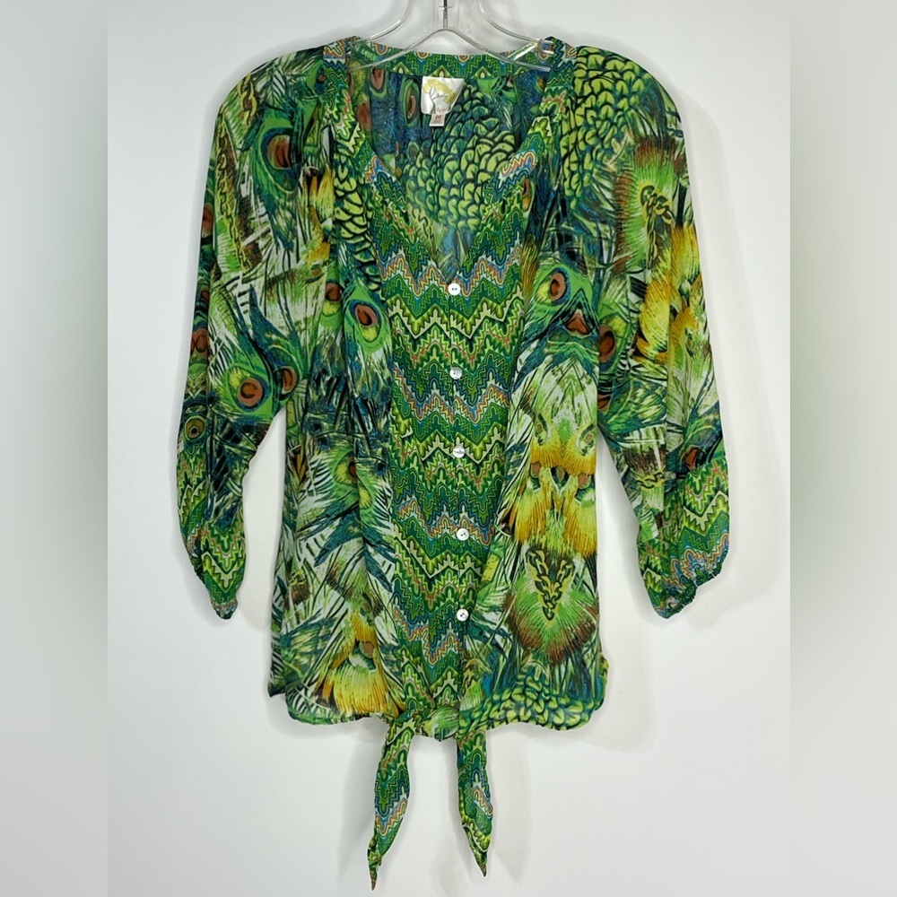 Fig and Flower Top Women Sz M Green Peacock Color 3/4 Sleeve Chiffon‎ Blouse
